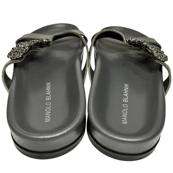 Manolo Blahnik Chilanghi Satin Jewel Buckle Flat Mules Silver EU 39 Slip On
